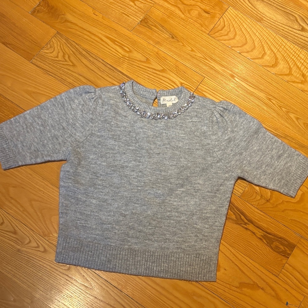 Marled Gray Knit Top with Crystal Detail